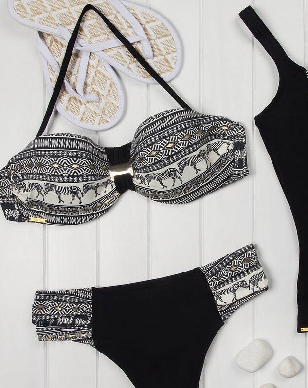 F4607 Sexy Retro Geometric Pattern Print Strapless Bikini Set Swimsuit Swimwear